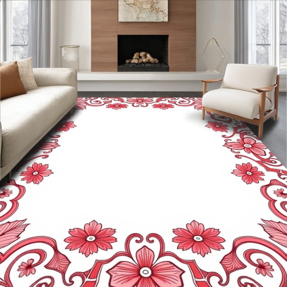 ODIKA 6'x9' Machine Washable Non-Slip Area Rug, Ornamental Floral Border with Repeating Petal Motifs and Subtle Swirl High Traffic Rug, Pink, 470489
