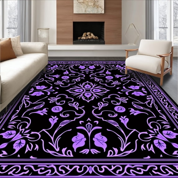 ODIKA 6'x9' Machine Washable Non-Slip Area Rug, Ornate Botanical Swirl with Delicate Flower Clusters and Leafy Accents High Traffic Rug, Black, 336195