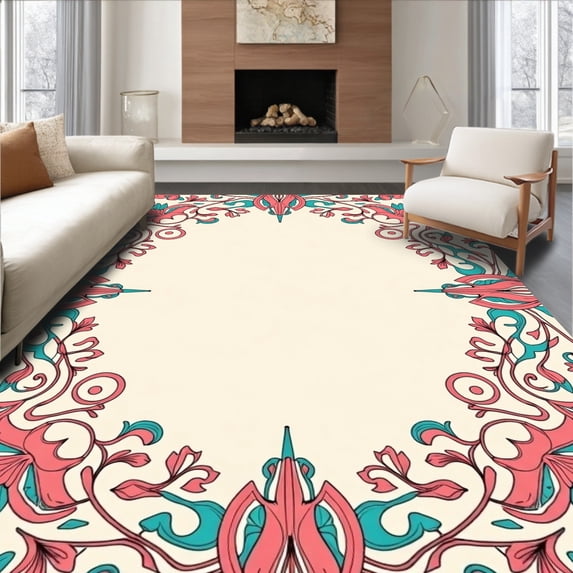 ODIKA 6'x9' Machine Washable Non-Slip Area Rug, Ornate Rococo Vinework and Blossoming Design High Traffic Rug, Pink, 475517