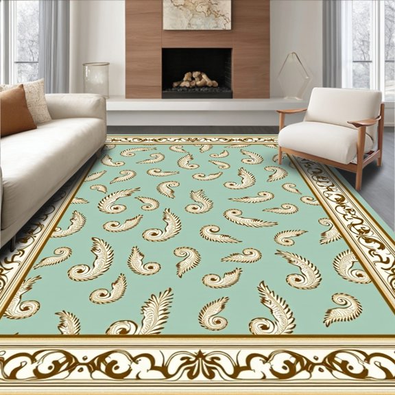 ODIKA 6x9 Machine Washable Non-Slip Area Rug, Paisley Scroll Design with Traditional Border Accents High Traffic Rug, Blue, 616564