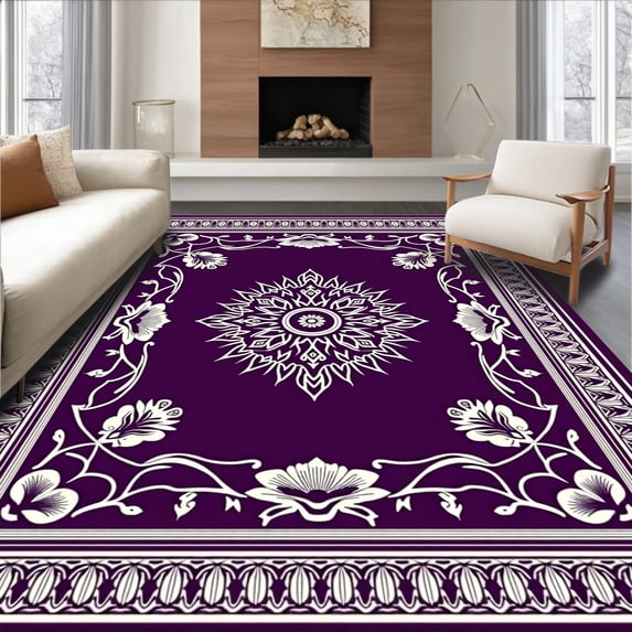ODIKA 6'x9' Machine Washable Non-Slip Area Rug, Paisley Teardrop Motif Feline Hideout Den with Foundation High Traffic Rug with Pad, Purple, 679394