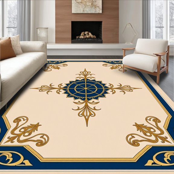 ODIKA 6'x9' Machine Washable Non-Slip Area Rug, Palace Inspired Grand Luxurious Exquisite Sophisticated High Traffic Rug, Blue, 663902