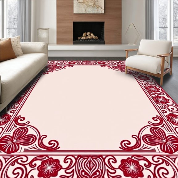 ODIKA 6'x9' Machine Washable Non-Slip Area Rug, Palace Lattice Blossom Swirl Enchanting High Traffic Rug, Ivory, 665881
