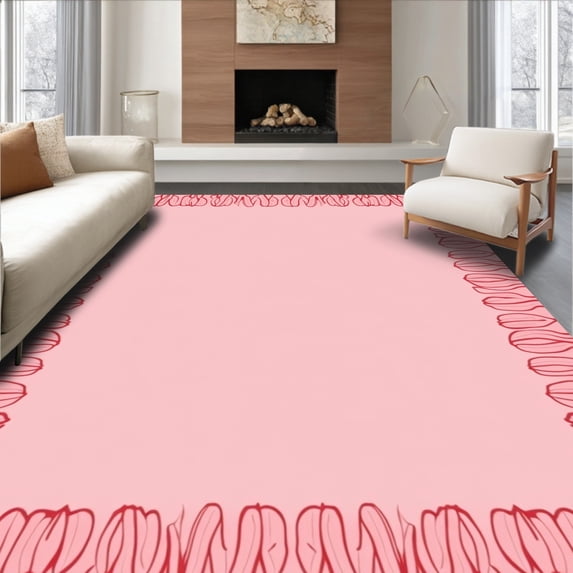 ODIKA 6'x9' Machine Washable Non-Slip Area Rug, Pastel Valentine Tree Collar with Ruffled Edge Design High Traffic Rug, Pink, 653508