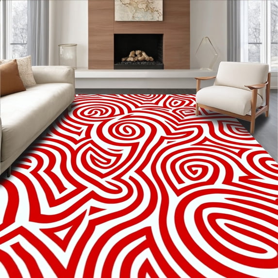 ODIKA 6'x9' Machine Washable Non-Slip Area Rug, Peppermint Swirl Doormat with Festive Spiral Design High Traffic Rug with Pad, Red, 628526