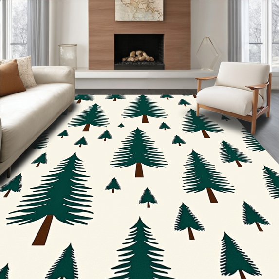 ODIKA 6'x9' Machine Washable Non-Slip Area Rug, Pine Tree Forest Festive Bathroom High Traffic Rug, Beige, 627001