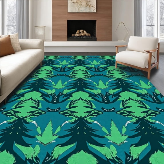 ODIKA 6'x9' Machine Washable Non-Slip Area Rug, Pine Tree Forest Needle Punch Kit Traditional Evergreen Design High Traffic Rug, Blue, 627702
