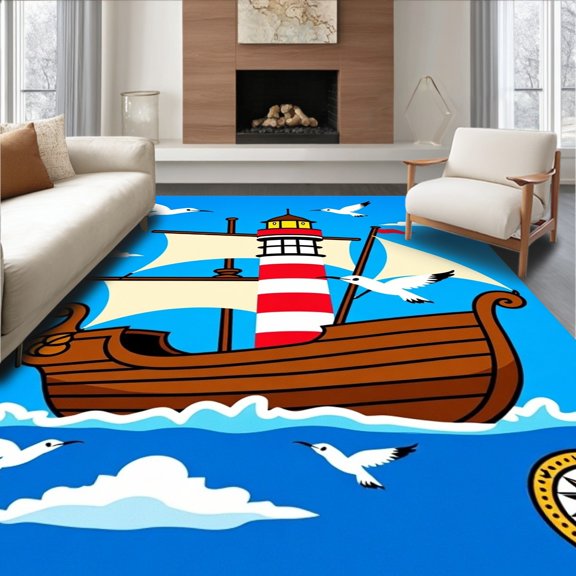 ODIKA 6x9 Machine Washable Non-Slip Area Rug, Pirate Ship Lighthouse Harbor with Seagull Compass Rose Navigation Theme High Traffic Rug, Blue, 686298