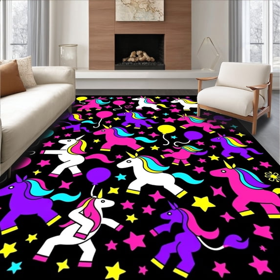 ODIKA 6'x9' Machine Washable Non-Slip Area Rug, Playful Cartoon Unicorn Parade with Balloons and Confetti High Traffic Rug, Black, 724025