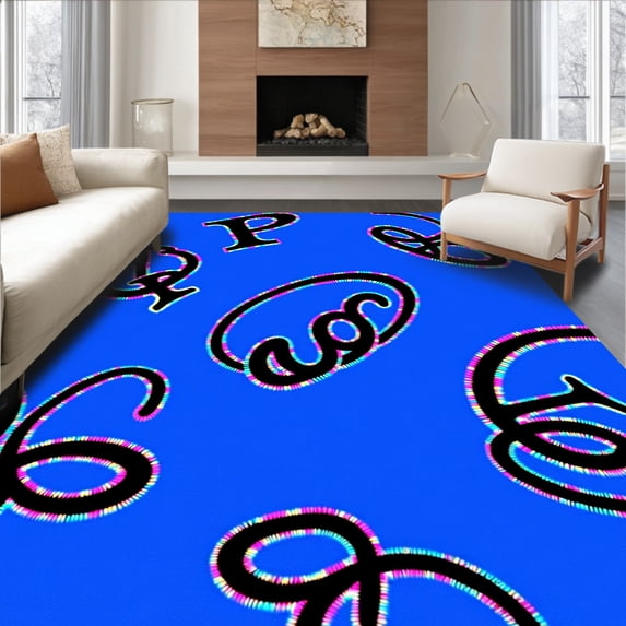 ODIKA 6'x9' Machine Washable Non-Slip Area Rug, Playful Letterform with Nordic Inspired Typeface Art High Traffic Rug with Pad, Blue, 696702