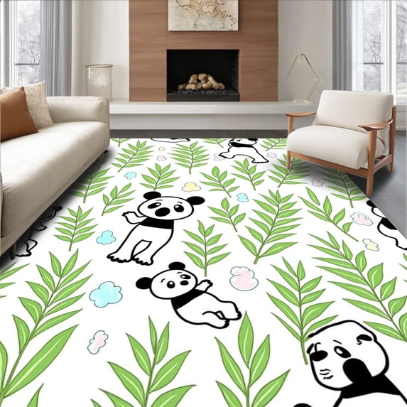 ODIKA 6x9 Machine Washable Non-Slip Area Rug, Playful Panda Illustration with Whimsical and Leaf Motifs High Traffic Rug, Black, 729202