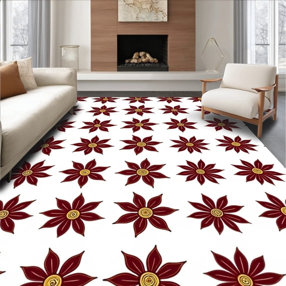 ODIKA 6'x9' Machine Washable Non-Slip Area Rug, Poinsettia Bloom Christmas Tree Skirt Alternative Protective High Traffic Rug with Pad, Brown, 741596