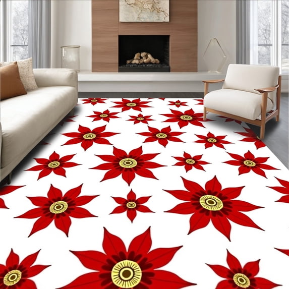 ODIKA 6'x9' Machine Washable Non-Slip Area Rug, Poinsettia Bloom Crochet Kit Handcraft Embroidery Cushion Project High Traffic Rug with Pad, Red, 731458