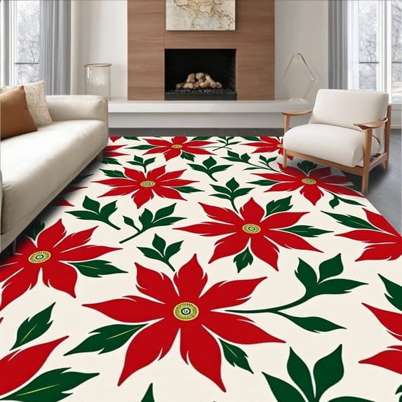 ODIKA 6'x9' Machine Washable Non-Slip Area Rug, Poinsettia Bloom Pile Festive Entryway Floor High Traffic Rug, Red, 611878