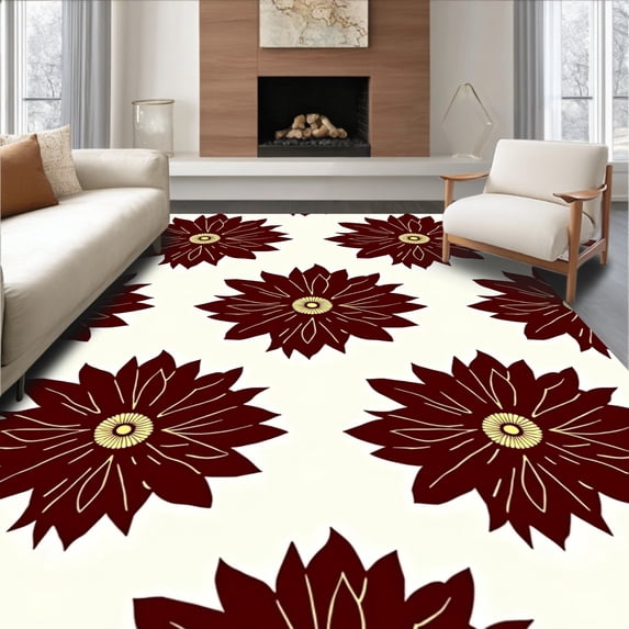 ODIKA 6'x9' Machine Washable Non-Slip Area Rug, Poinsettia Bloom with Velvet Petal Design High Traffic Rug with Pad, Maroon, 612141