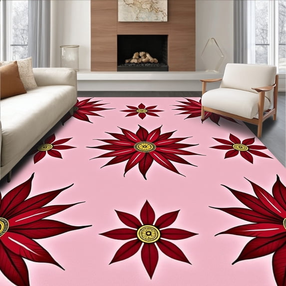 ODIKA 6'x9' Machine Washable Non-Slip Area Rug, Poinsettia Burst Traditional Floral Xmas High Traffic Rug, Pink, 627590