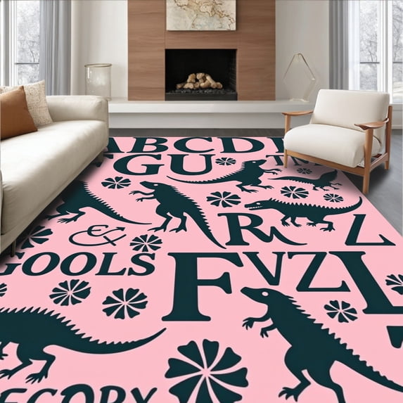 ODIKA 6'x9' Machine Washable Non-Slip Area Rug, Prehistoric Alphabet Learning with Ancient Creature Educational High Traffic Rug with Pad, Pink, 697972
