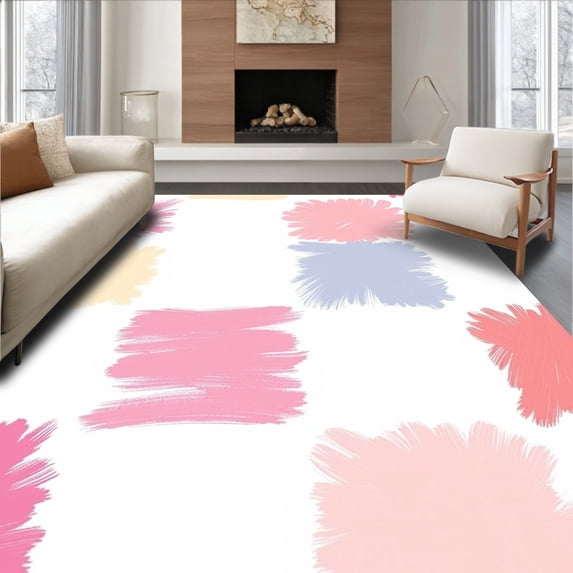 ODIKA 6'x9' Machine Washable Non-Slip Area Rug, Preppy Pastel Interlocking Grid with Artistic Brushstroke Accents High Traffic Rug with Pad, Pink, 555561