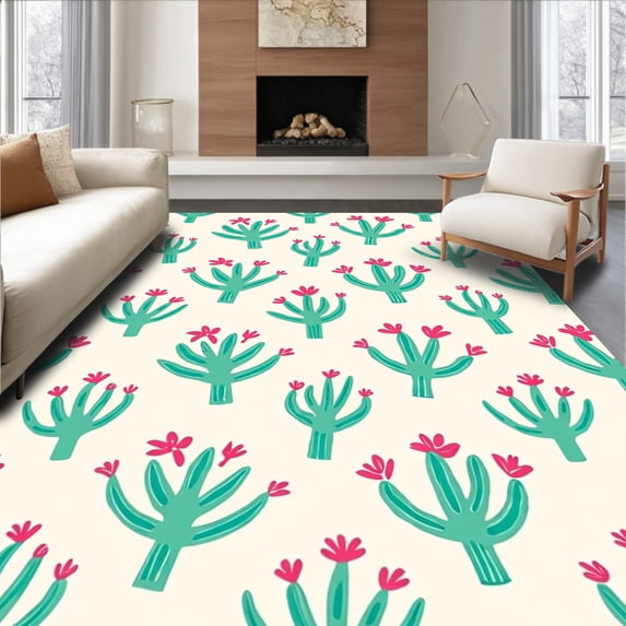 ODIKA 6'x9' Machine Washable Non-Slip Area Rug, Prickly Pear Oasis Botanical Design Floor High Traffic Rug, Green, 721902