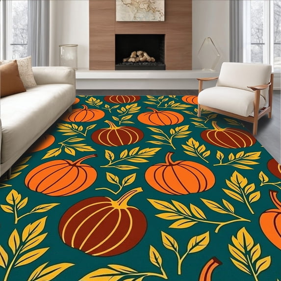 ODIKA 6'x9' Machine Washable Non-Slip Area Rug, Pumpkin Gridiron Harvest Autumn Sports and Gourds Design Welcome High Traffic Rug with Pad, Orange, 668289