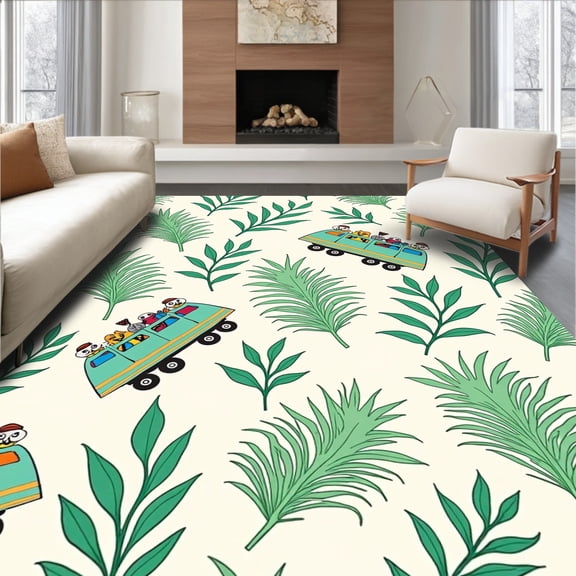 ODIKA 6'x9' Machine Washable Non-Slip Area Rug, Rainforest Voyage Locomotive Adventure Cartoon Animal Parade High Traffic Rug, Green, 682804