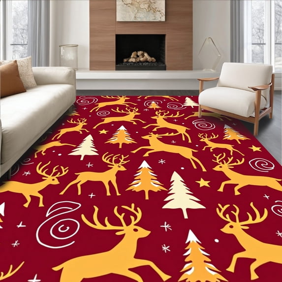 ODIKA 6'x9' Machine Washable Non-Slip Area Rug, Reindeer Prancing Through Snowy Forest High Traffic Rug with Pad, Red, 605898