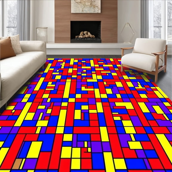 ODIKA 6'x9' Machine Washable Non-Slip Area Rug, Retro Arcade Joystick Mosaic Design with Pixel Art High Traffic Rug with Pad, Red, 464452