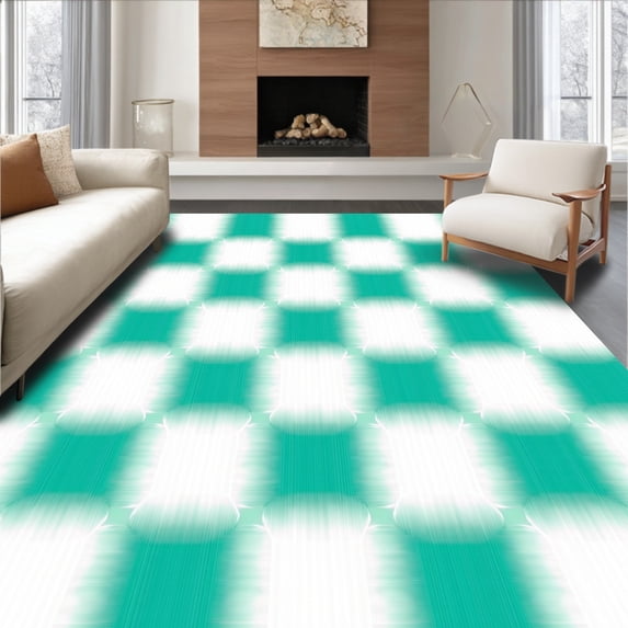 ODIKA 6'x9' Machine Washable Non-Slip Area Rug, Retro Checkerboard Pile Shag Snug Comfy Deluxe High Traffic Rug, Blue, 667500