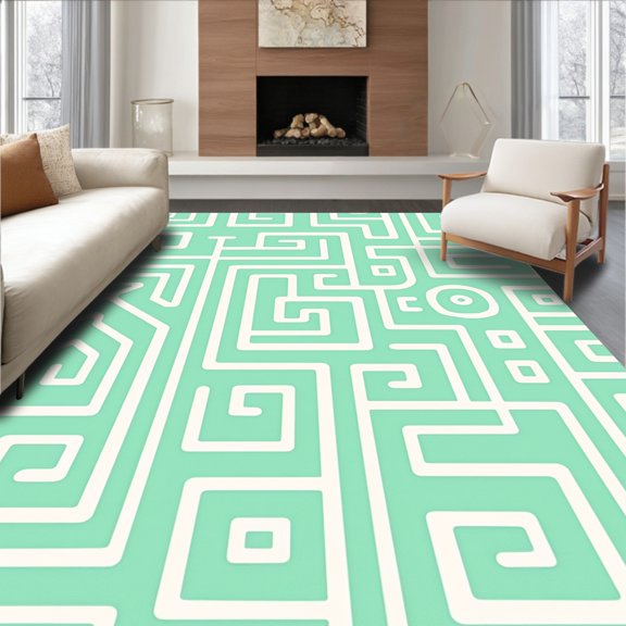 ODIKA 6'x9' Machine Washable Non-Slip Area Rug, Retro Maze Inspired Motif with Minimalist Accents High Traffic Rug, Green, 522138
