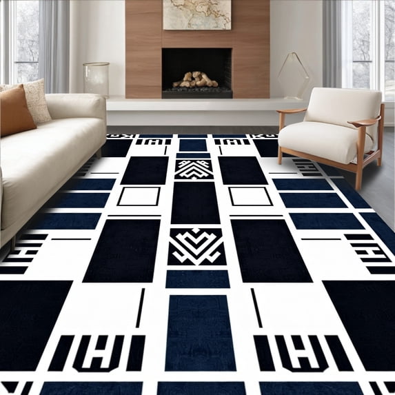 ODIKA 6'x9' Machine Washable Non-Slip Area Rug, Retro Minimalist Chessboard with Clean Interlocking Lines High Traffic Rug with Pad, Black, 560393