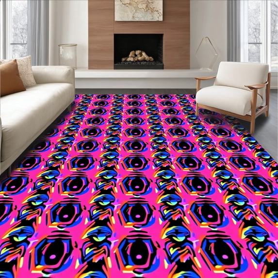 ODIKA 6'x9' Machine Washable Non-Slip Area Rug, Retro Op Art Checkered Illusion Design High Traffic Rug, Pink, 596087