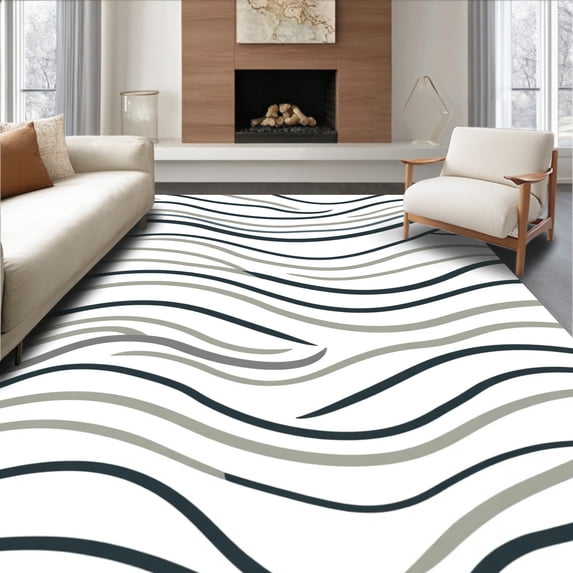 ODIKA 6'x9' Machine Washable Non-Slip Area Rug, Retro Wave Interlocking Lines Minimalist Artistic High Traffic Rug with Pad, Black, 463926
