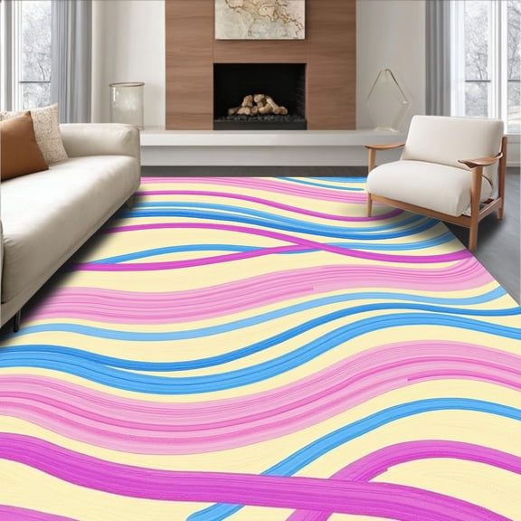 ODIKA 6'x9' Machine Washable Non-Slip Area Rug, Rhythmic Wave Symphony Brushstroke Artistic Textured Decorative High Traffic Rug, Pink, 522141