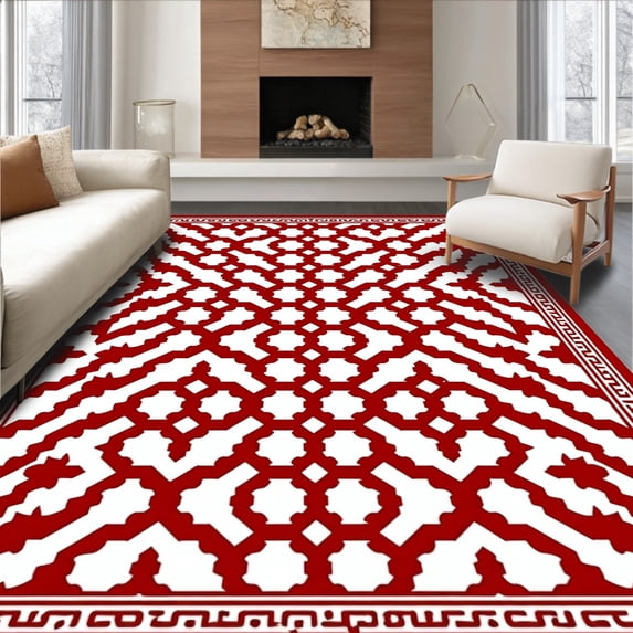 ODIKA 6'x9' Machine Washable Non-Slip Area Rug, Riviera Trellis Herringbone Decorative Artisan Look High Traffic Rug with Pad, Red, 555891