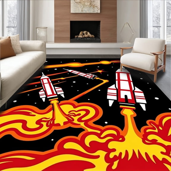 ODIKA 6x9 Machine Washable Non-Slip Area Rug, Rocket Launch Adventure with Mission Control Theme High Traffic Rug with Pad, Black, 723718