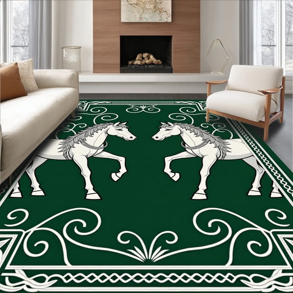 ODIKA 6'x9' Machine Washable Non-Slip Area Rug, Romantic Stallion Pair Art Nouveau Interlocking Tapestry High Traffic Rug with Pad, Green, 632754