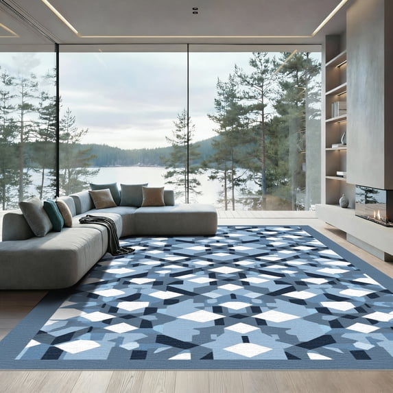 ODIKA 6'x9' Machine Washable Non-Slip Area Rug, Rubber Backed Grey Black Lattice High Traffic Rug, Gray, 890943