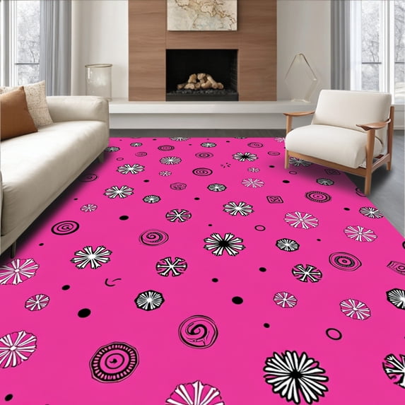 ODIKA 6'x9' Machine Washable Non-Slip Area Rug, Rustic Christmas Spotted with Festive Interlocking Snowflake Accents High Traffic Rug, Pink, 614061