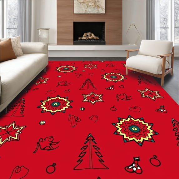 ODIKA 6'x9' Machine Washable Non-Slip Area Rug, Rustic Pine Forest Wonderland Motif with Festive Nordic High Traffic Rug, Red, 621781