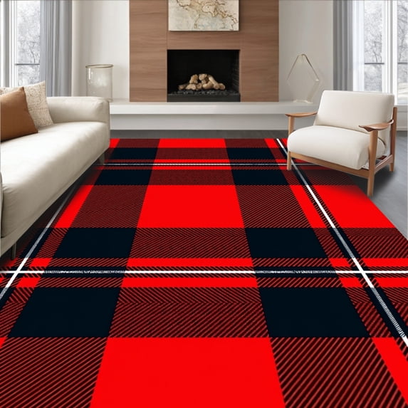 ODIKA 6'x9' Machine Washable Non-Slip Area Rug, Rustic Tartan Blend with Overlapping Grid High Traffic Rug with Pad, Red, 616225