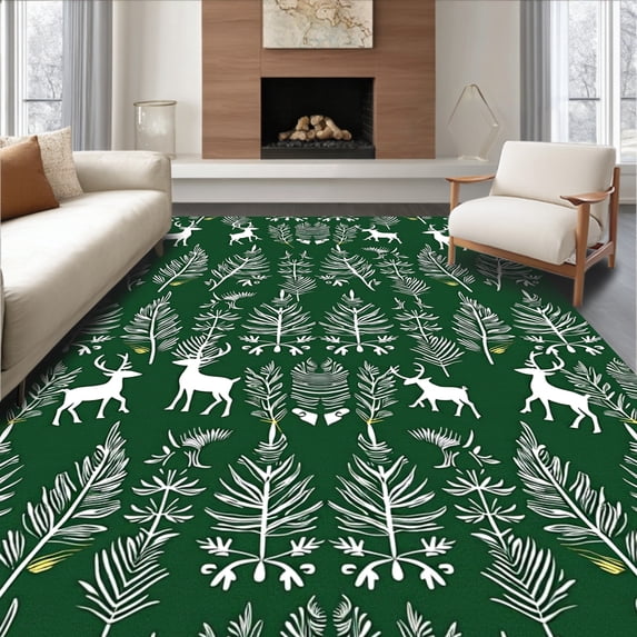ODIKA 6'x9' Machine Washable Non-Slip Area Rug, Rustic Woodland Reindeer with Snowy Fir Branch Interlocking Motif High Traffic Rug, Green, 625491