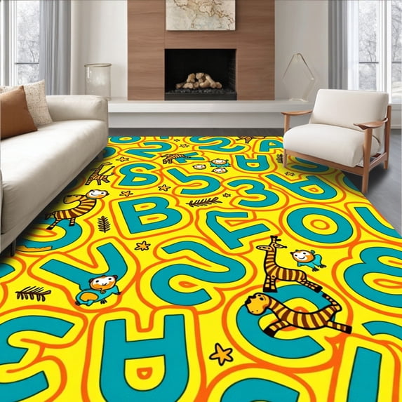 ODIKA 6'x9' Machine Washable Non-Slip Area Rug, Safari Letter with Cheerful Creatures and Spiraling Trail High Traffic Rug, Yellow, 686066