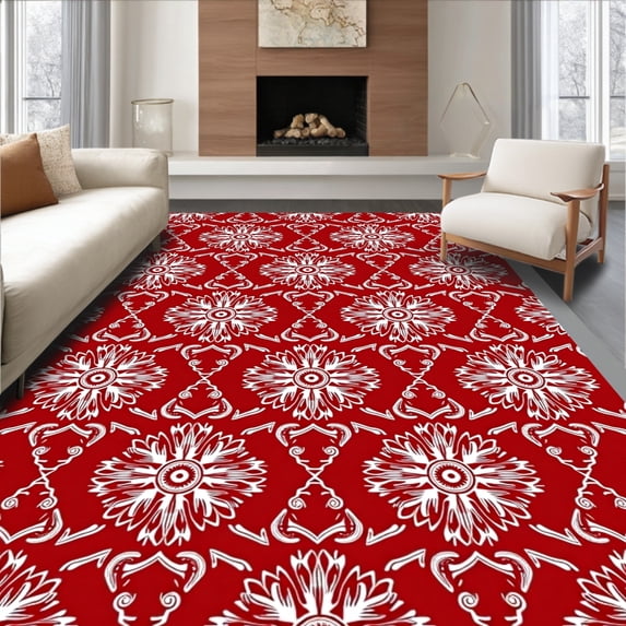 ODIKA 6'x9' Machine Washable Non-Slip Area Rug, Scandinavian Winter Starburst Featuring Festive Interlocking Flakes High Traffic Rug, Red, 663067