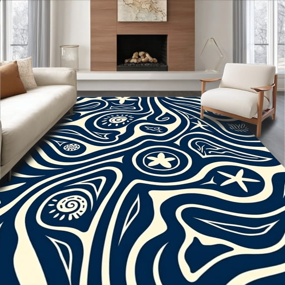 ODIKA 6'x9' Machine Washable Non-Slip Area Rug, Seashell Starfish Motif with Ocean Current Swirls High Traffic Rug with Pad, Blue, 550240