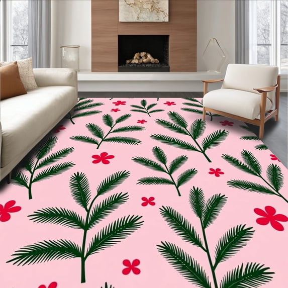 ODIKA 6'x9' Machine Washable Non-Slip Area Rug, Seasonal Pine Needle Sprays with Bright Berry Clusters High Traffic Rug, Pink, 736761