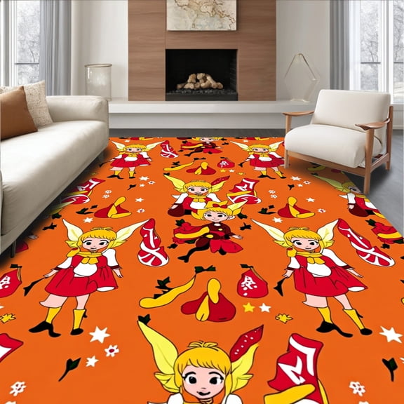 ODIKA 6x9 Machine Washable Non-Slip Area Rug, Seasonal Pixie Bathroom with Enchanted Forest Theme High Traffic Rug, Orange, 626430