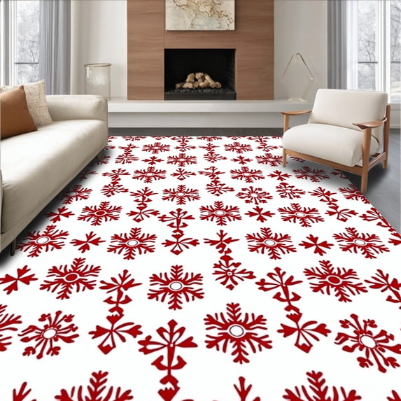 ODIKA 6'x9' Machine Washable Non-Slip Area Rug, Seasonal Sparkle Design with Layered Snowflake Shapes and Clusters High Traffic Rug, Red, 741967