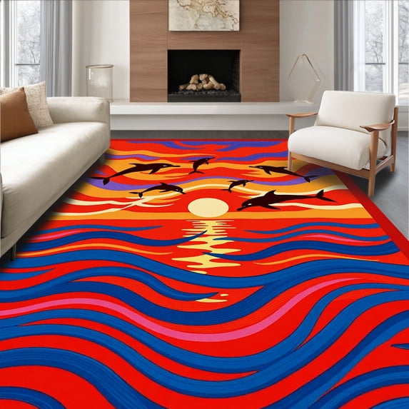 ODIKA 6'x9' Machine Washable Non-Slip Area Rug, Serene Sunset Ocean Waves with Leaping Dolphins Latch Hook High Traffic Rug, Red, 635059