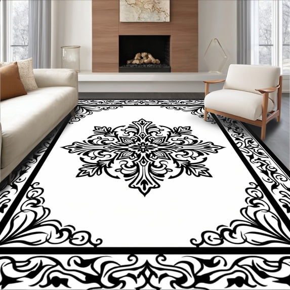 ODIKA 6'x9' Machine Washable Non-Slip Area Rug, Shadow Garden Floral Medallion Style High Traffic Rug with Pad, Black, 336987