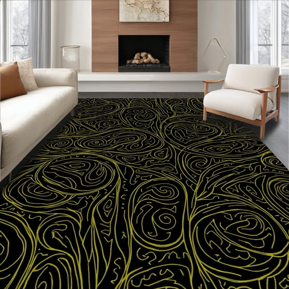 ODIKA 6'x9' Machine Washable Non-Slip Area Rug, Shadow Garden Vine Trellis Design with Twisted Branch Network High Traffic Rug with Pad, Black, 587097